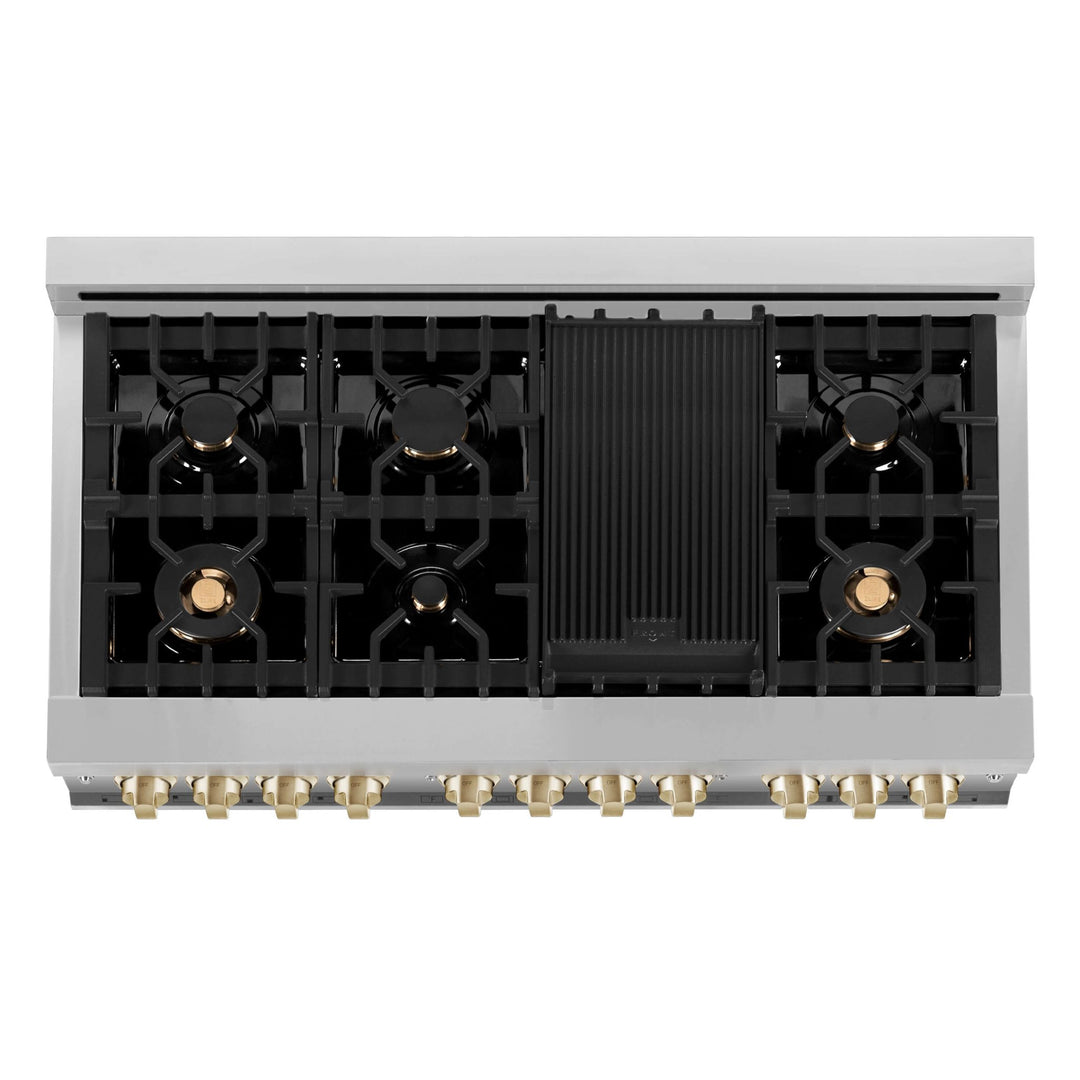 ZLINE Autograph Edition 48 in. Kitchen Package with Stainless Steel Dual Fuel Range with White Matte Door and Range Hood with Polished Gold Accents (2AKP-RAWMRH48-G)