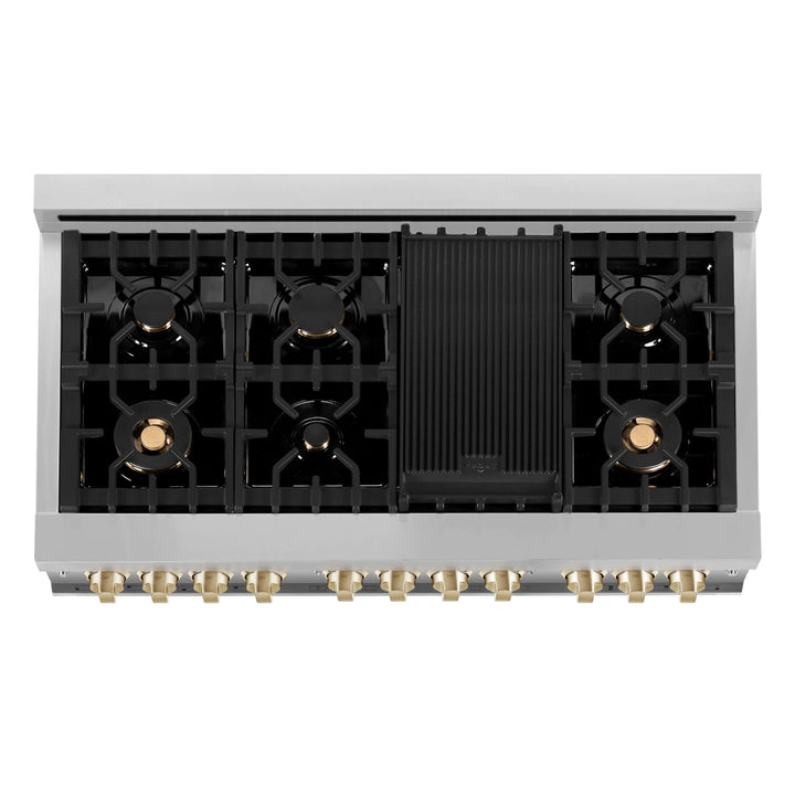 ZLINE Autograph Edition 48 in. Kitchen Package with Stainless Steel Dual Fuel Range with White Matte Door and Range Hood with Polished Gold Accents (2AKP-RAWMRH48-G)