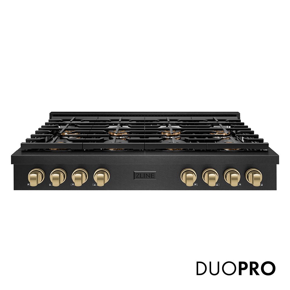 ZLINE Autograph Edition 48 in. Paramount Gas Rangetop with 8 Burner DuoProâ„¢ Cooktop in Black Satin Stainless Steel and Champagne Bronze Accents (PSRTBSZ-48-CB)