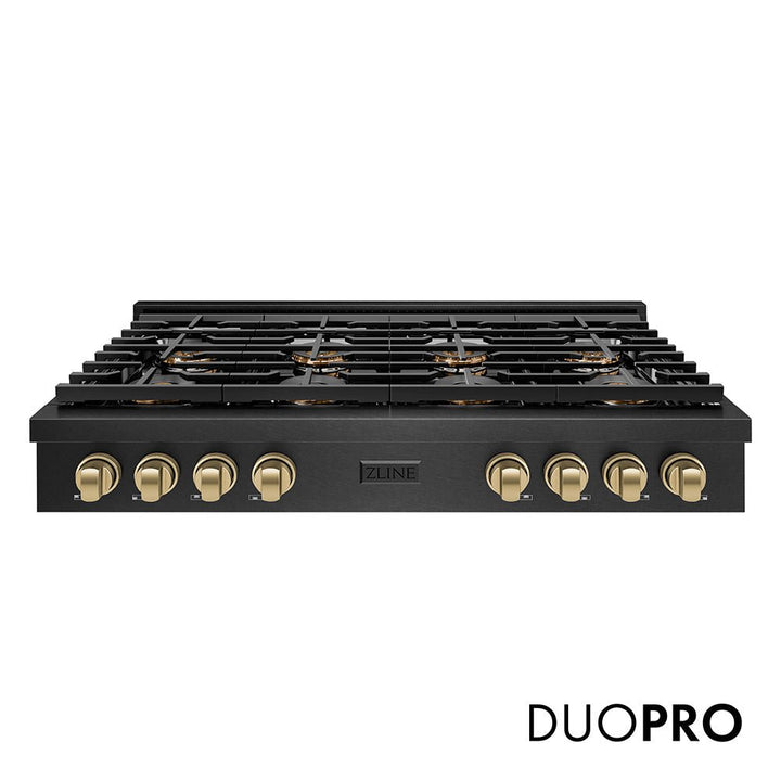ZLINE Autograph Edition 48 in. Paramount Gas Rangetop with 8 Burner DuoProâ„¢ Cooktop in Black Satin Stainless Steel and Champagne Bronze Accents (PSRTBSZ-48-CB)