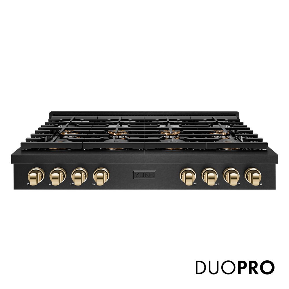 ZLINE Autograph Edition 48 in. Paramount Gas Rangetop with 8 Burner DuoProâ„¢ Cooktop in Black Satin Stainless Steel and Polished Gold Accents (PSRTBSZ-48-G)