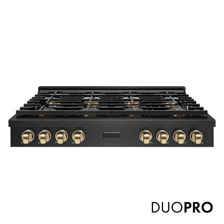 ZLINE Autograph Edition 48 in. Paramount Gas Rangetop with 8 Burner DuoProâ„¢ Cooktop in Black Satin Stainless Steel and Polished Gold Accents (PSRTBSZ-48-G)
