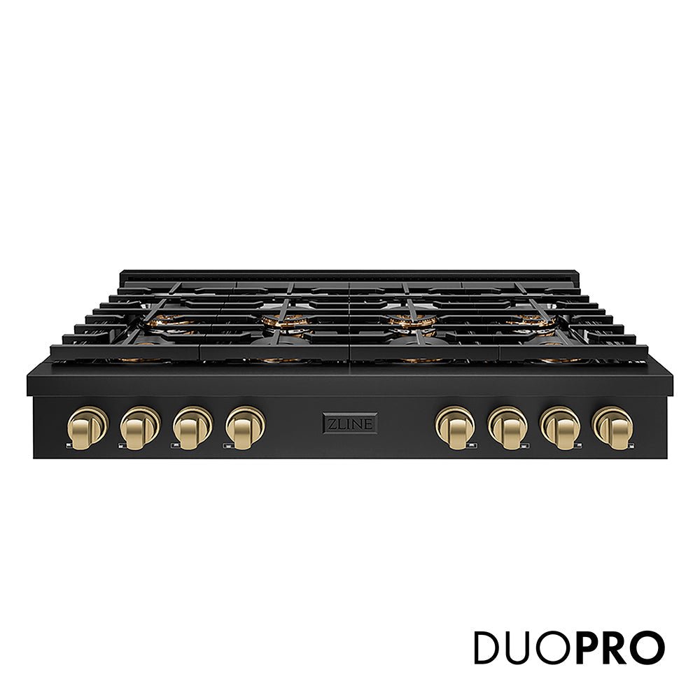 ZLINE Autograph Edition 48 in. Paramount Gas Rangetop with 8 Burner DuoProâ„¢ Cooktop in Black Stainless Steel and Polished Gold Accents (PSRTBZ-48-G)