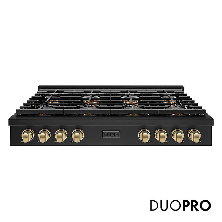 ZLINE Autograph Edition 48 in. Paramount Gas Rangetop with 8 Burner DuoProâ„¢ Cooktop in Black Stainless Steel and Polished Gold Accents (PSRTBZ-48-G)