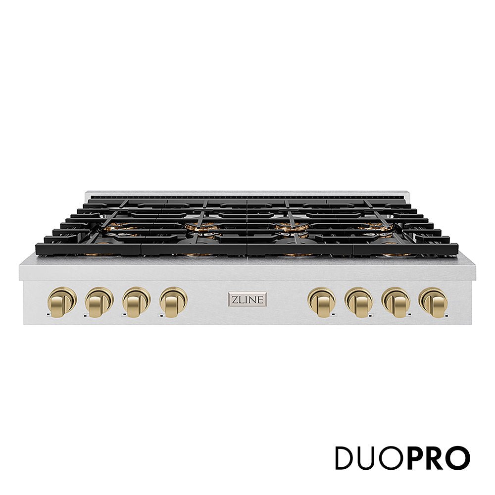 ZLINE Autograph Edition 48 in. Paramount Gas Rangetop with 8 Burner DuoProâ„¢ Cooktop in Satin Stainless Steel and Champagne Bronze Accents (PSRTSZ-48-CB)
