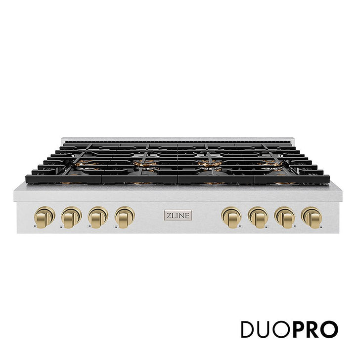 ZLINE Autograph Edition 48 in. Paramount Gas Rangetop with 8 Burner DuoProâ„¢ Cooktop in Satin Stainless Steel and Champagne Bronze Accents (PSRTSZ-48-CB)