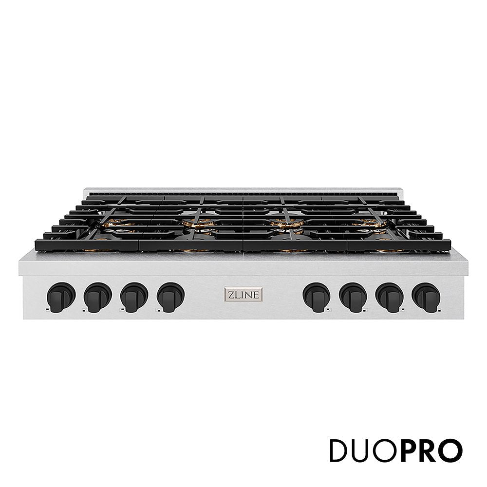 ZLINE Autograph Edition 48 in. Paramount Gas Rangetop with 8 Burner DuoProâ„¢ Cooktop in Satin Stainless Steel and Matte Black Accents (PSRTSZ-48-MB)