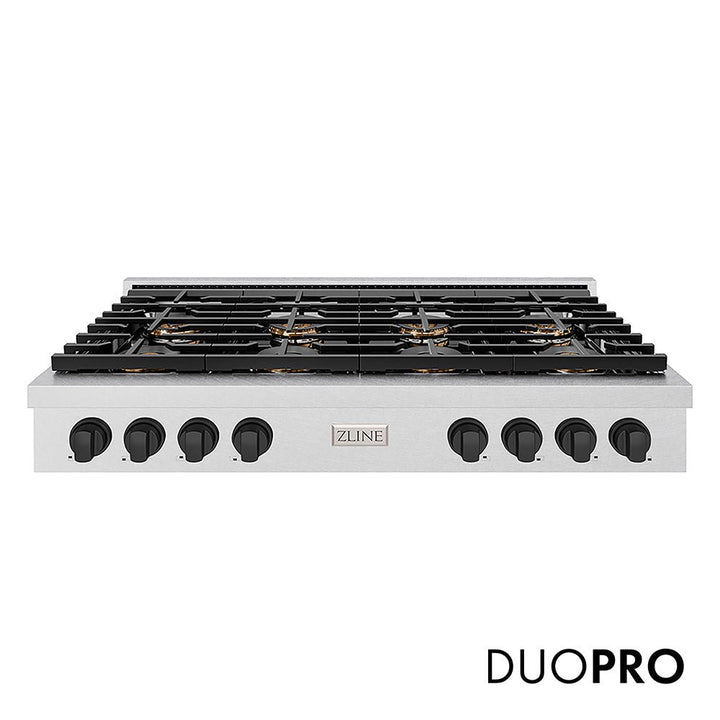 ZLINE Autograph Edition 48 in. Paramount Gas Rangetop with 8 Burner DuoProâ„¢ Cooktop in Satin Stainless Steel and Matte Black Accents (PSRTSZ-48-MB)