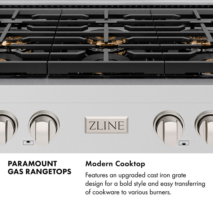 ZLINE Autograph Edition 48 in. Paramount Gas Rangetop with 8 Burner DuoProâ„¢ Cooktop in Satin Stainless Steel and Polished Gold Accents (PSRTSZ-48-G)