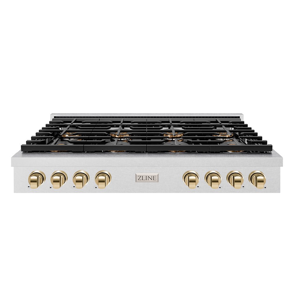 ZLINE Autograph Edition 48 in. Paramount Gas Rangetop with 8 Burner DuoProâ„¢ Cooktop in Satin Stainless Steel and Polished Gold Accents (PSRTSZ-48-G)