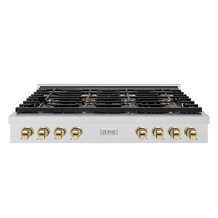 ZLINE Autograph Edition 48 in. Paramount Gas Rangetop with 8 Burner DuoProâ„¢ Cooktop in Satin Stainless Steel and Polished Gold Accents (PSRTSZ-48-G)