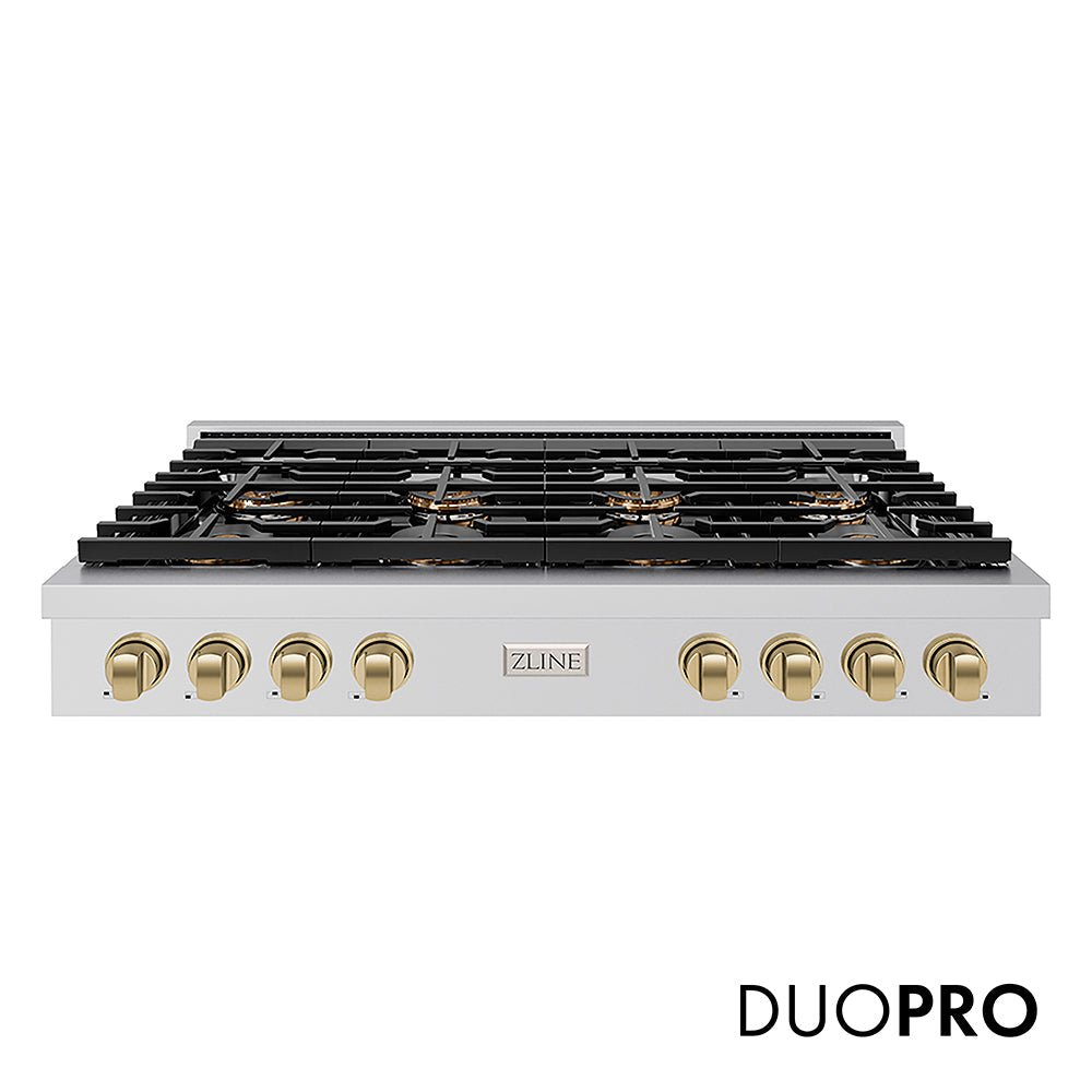 ZLINE Autograph Edition 48 in. Paramount Gas Rangetop with 8 Burner DuoProâ„¢ Cooktop in Stainless Steel and Champagne Bronze Accents (PSRTZ-48-CB)