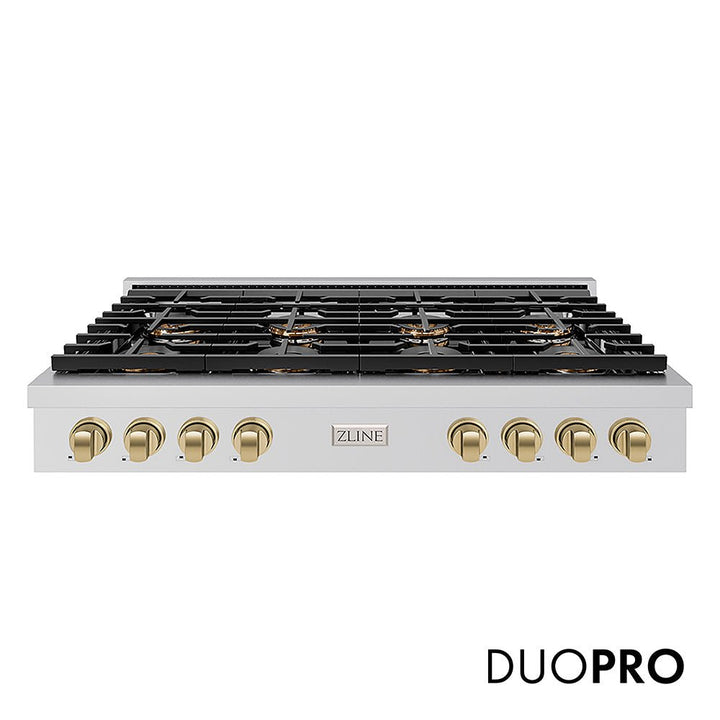 ZLINE Autograph Edition 48 in. Paramount Gas Rangetop with 8 Burner DuoProâ„¢ Cooktop in Stainless Steel and Champagne Bronze Accents (PSRTZ-48-CB)
