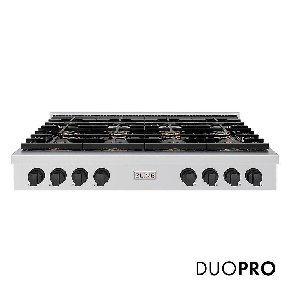ZLINE Autograph Edition 48 in. Paramount Gas Rangetop with 8 Burner DuoProâ„¢ Cooktop in Stainless Steel and Matte Black Accents (PSRTZ-48-MB)