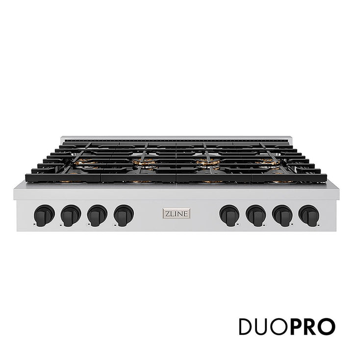 ZLINE Autograph Edition 48 in. Paramount Gas Rangetop with 8 Burner DuoProâ„¢ Cooktop in Stainless Steel and Matte Black Accents (PSRTZ-48-MB)
