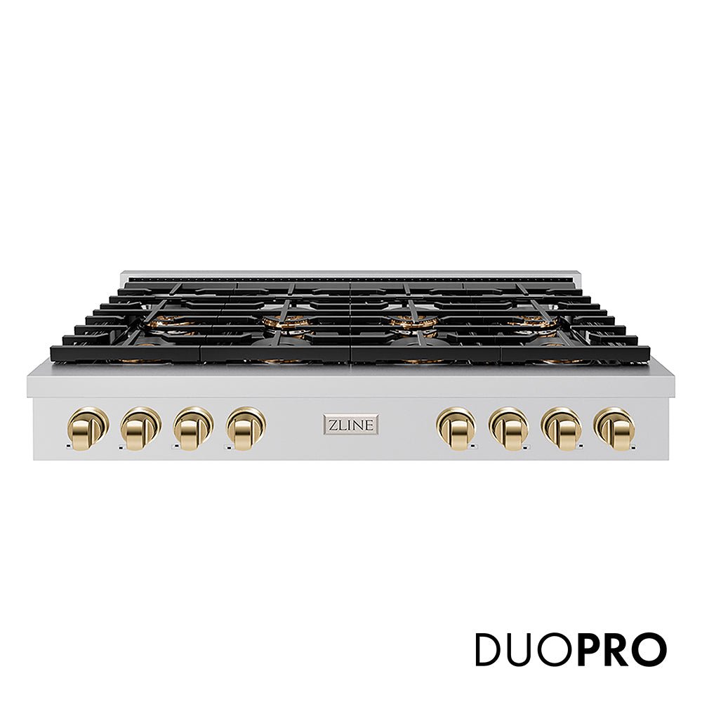 ZLINE Autograph Edition 48 in. Paramount Gas Rangetop with 8 Burner DuoProâ„¢ Cooktop in Stainless Steel and Polished Gold Accents (PSRTZ-48-G)