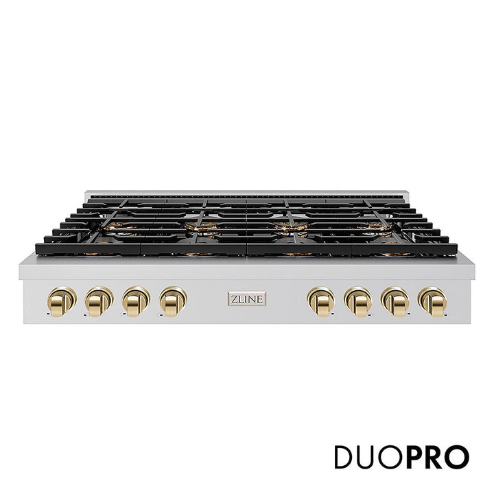 ZLINE Autograph Edition 48 in. Paramount Gas Rangetop with 8 Burner DuoProâ„¢ Cooktop in Stainless Steel and Polished Gold Accents (PSRTZ-48-G)