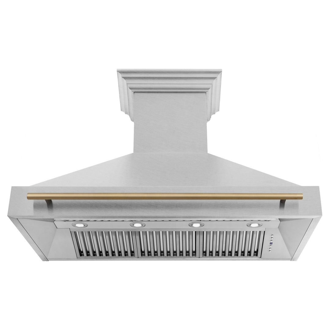 ZLINE Autograph Edition 48 in. Satin Stainless Steel Wall Mount Range Hood with Champagne Bronze Handle (8654SNZ-48-CB)