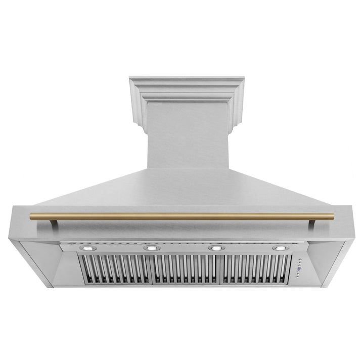 ZLINE Autograph Edition 48 in. Satin Stainless Steel Wall Mount Range Hood with Champagne Bronze Handle (8654SNZ-48-CB)