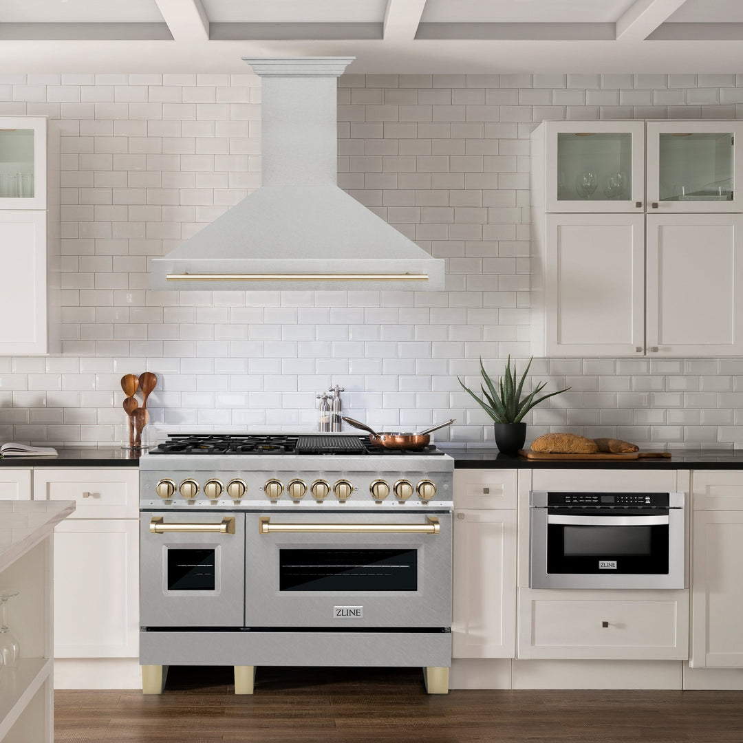 ZLINE Autograph Edition 48 in. Satin Stainless Steel Wall Mount Range Hood with Polished Gold Handle (8654SNZ-48-G)