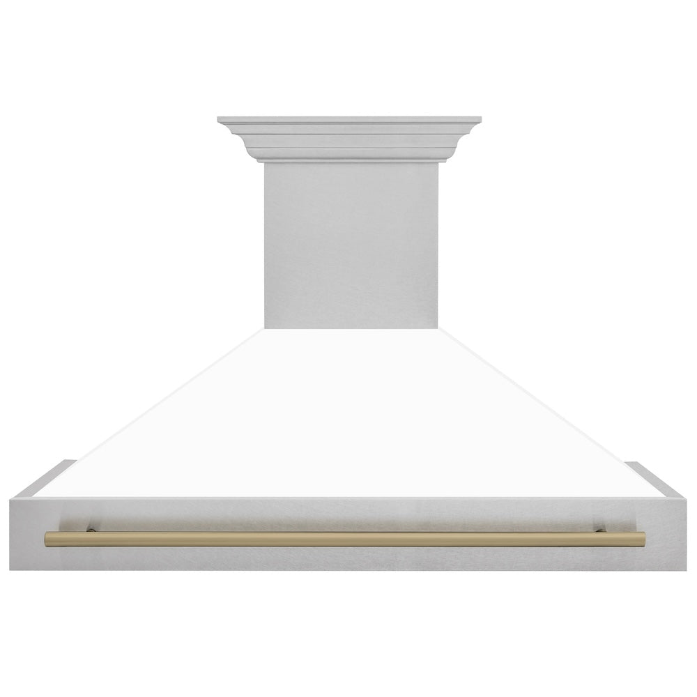 ZLINE Autograph Edition 48 in. Satin Stainless Steel Wall Mount Range Hood with White Matte Shell and Champagne Bronze Handle (8654SNZ-WM48-CB)