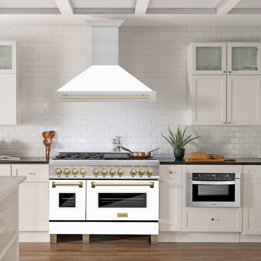 ZLINE Autograph Edition 48 in. Satin Stainless Steel Wall Mount Range Hood with White Matte Shell and Champagne Bronze Handle (8654SNZ-WM48-CB)