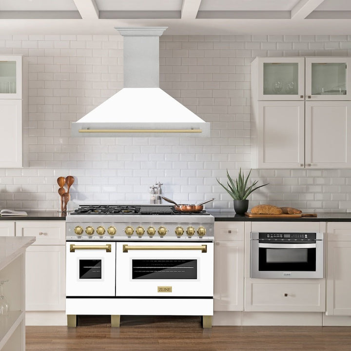 ZLINE Autograph Edition 48 in. Satin Stainless Steel Wall Mount Range Hood with White Matte Shell and Champagne Bronze Handle (8654SNZ-WM48-CB)