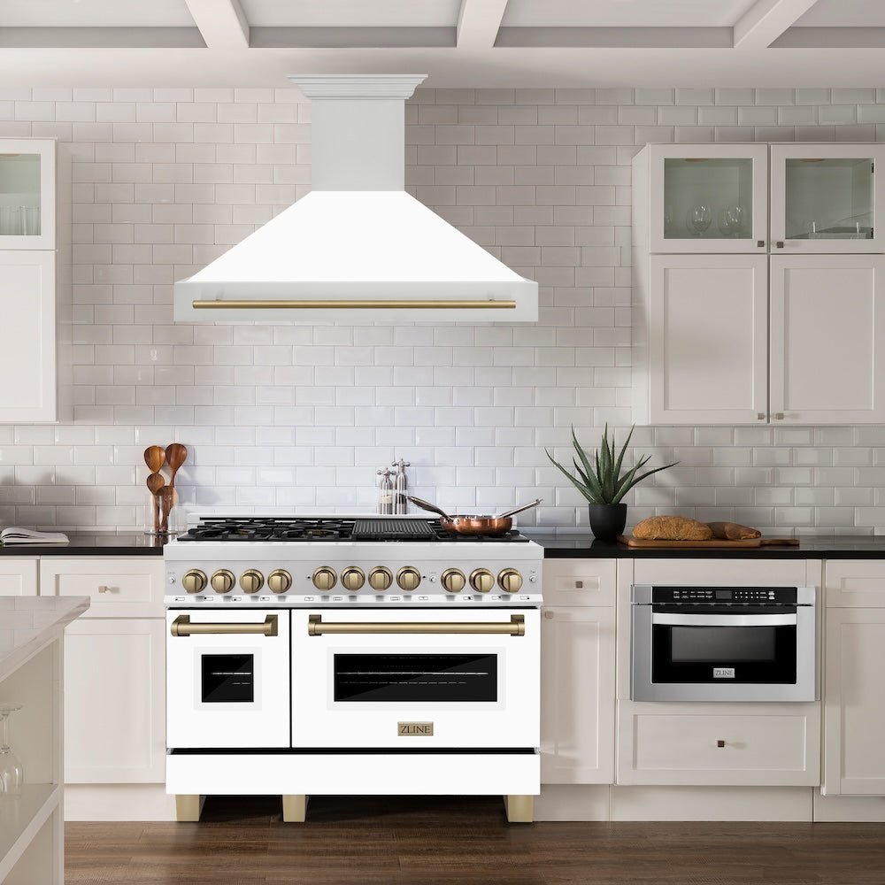 ZLINE Autograph Edition 48 in. Stainless Steel Range Hood with White Matte Shell and Champagne Bronze Handle (8654STZ-WM48-CB)