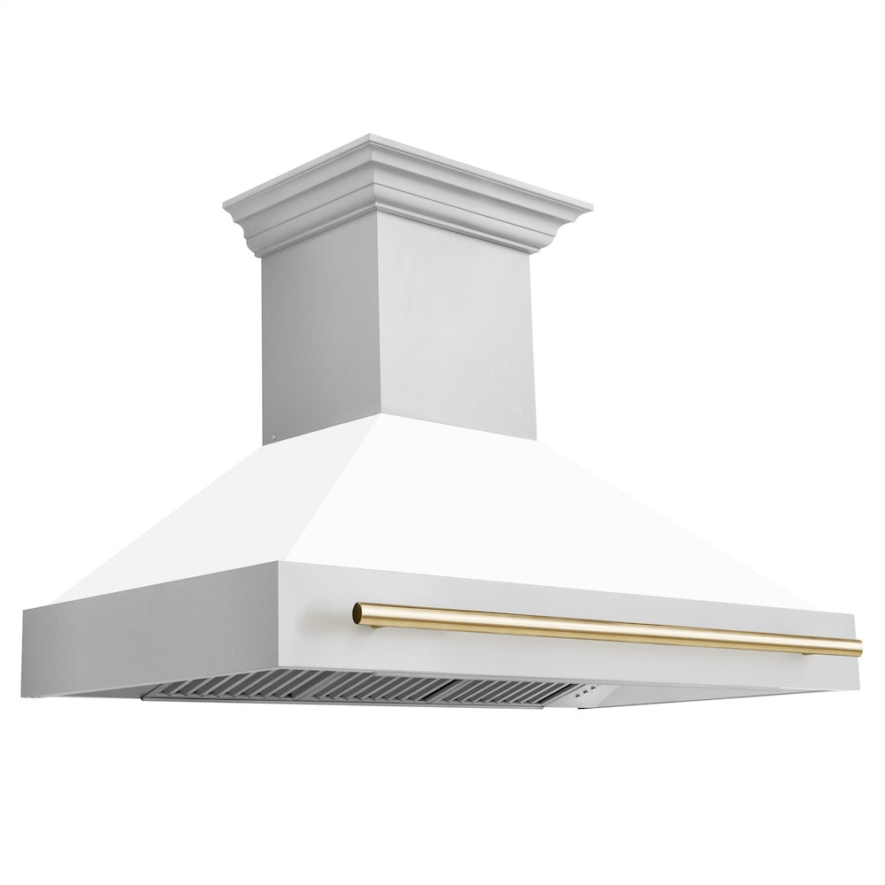ZLINE Autograph Edition 48 in. Stainless Steel Range Hood with White Matte Shell and Polished Gold Handle