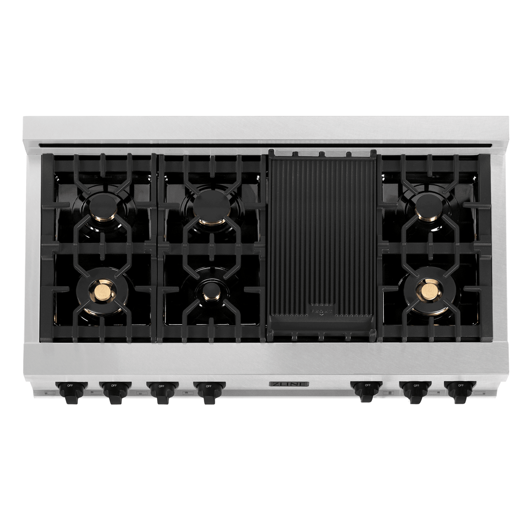 ZLINE Autograph Edition 48" Porcelain Rangetop with 7 Gas Burners in DuraSnow® Stainless Steel and Matte Black Accents, RTSZ-48-MB