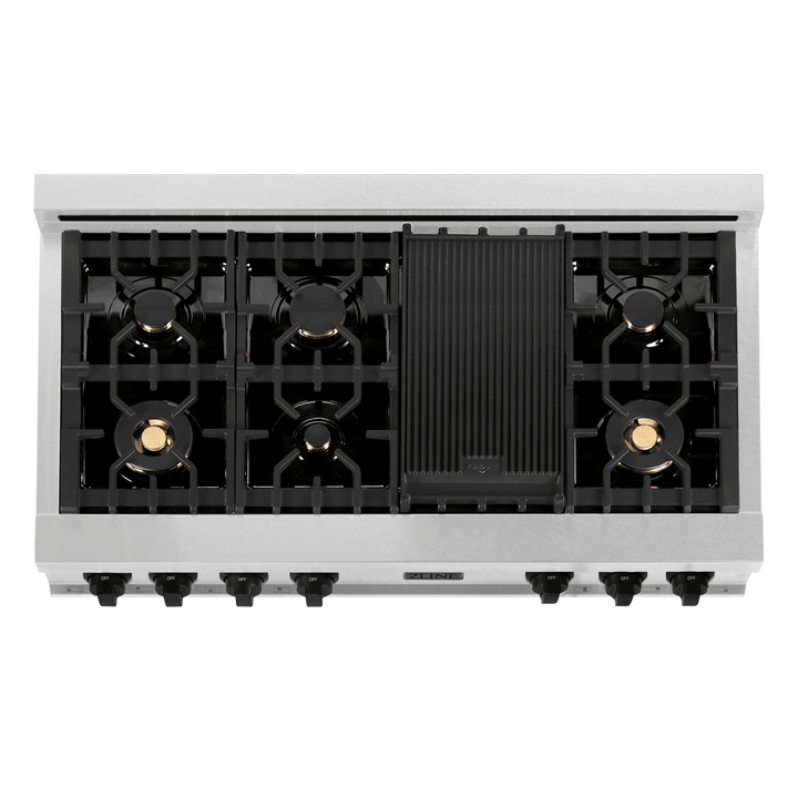 ZLINE Autograph Edition 48" Porcelain Rangetop with 7 Gas Burners in DuraSnow® Stainless Steel and Matte Black Accents, RTSZ-48-MB