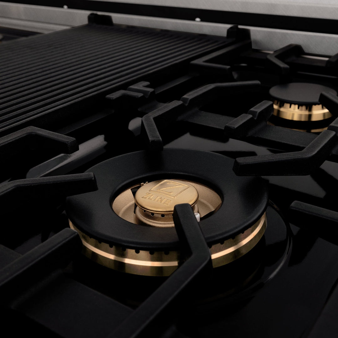 ZLINE Autograph Edition 48" Porcelain Rangetop with 7 Gas Burners in DuraSnow® Stainless Steel and Matte Black Accents, RTSZ-48-MB