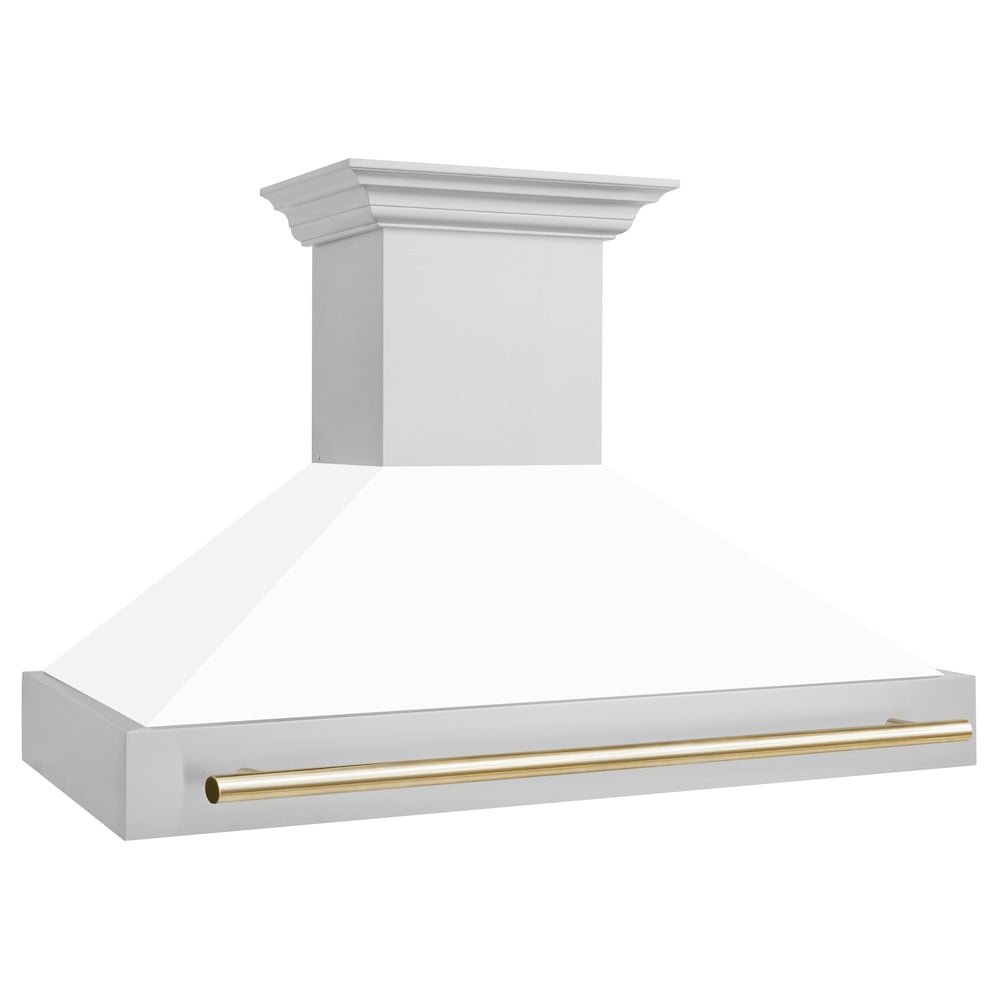 ZLINE Autograph Edition 48" Stainless Steel Range Hood with White Matte Shell and Polished Gold Handle (8654STZ-WM48-G)