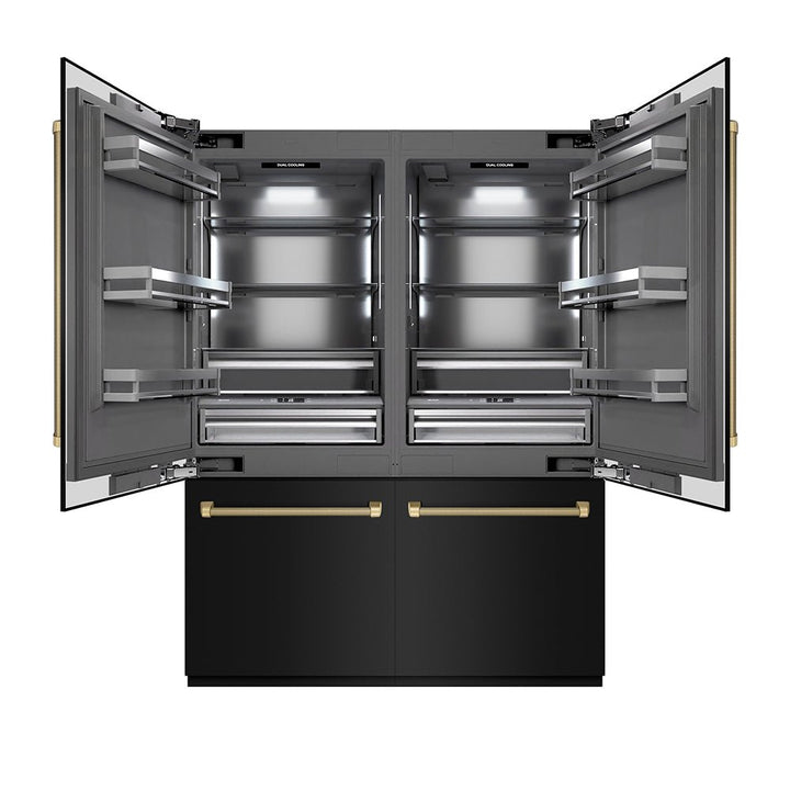 ZLINE Autograph Edition 60 in. 32.2 cu. ft. French Door Built-In Bottom Freezer Refrigerator with Water Dispenser and Ice Maker in Black Stainless Steel with Graphite Gray Interior and Champagne Bronze Helix Handles (GRBIVZ-BS60KCB)