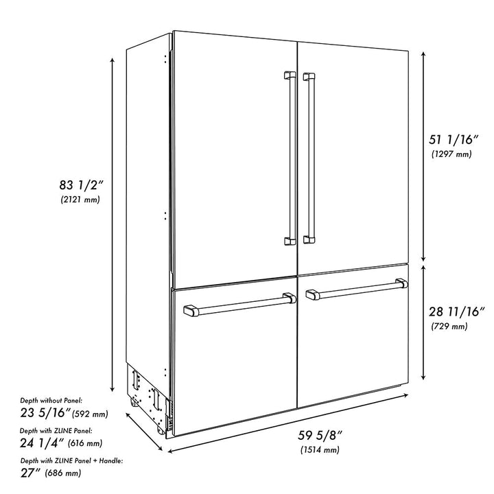 ZLINE Autograph Edition 60 in. 32.2 cu. ft. French Door Built-In Bottom Freezer Refrigerator with Water Dispenser and Ice Maker in Black Stainless Steel with Graphite Gray Interior and Champagne Bronze Helix Handles (GRBIVZ-BS60KCB)