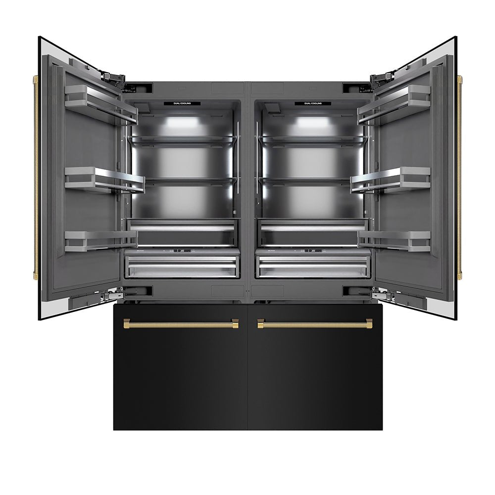 ZLINE Autograph Edition 60 in. 32.2 cu. ft. French Door Built-In Bottom Freezer Refrigerator with Water Dispenser and Ice Maker in Black Stainless Steel with Graphite Gray Interior and Polished Gold Helix Handles (GRBIVZ-BS60KG)