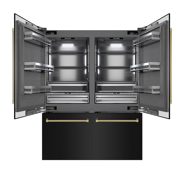 ZLINE Autograph Edition 60 in. 32.2 cu. ft. French Door Built-In Bottom Freezer Refrigerator with Water Dispenser and Ice Maker in Black Stainless Steel with Graphite Gray Interior and Polished Gold Helix Handles (GRBIVZ-BS60KG)