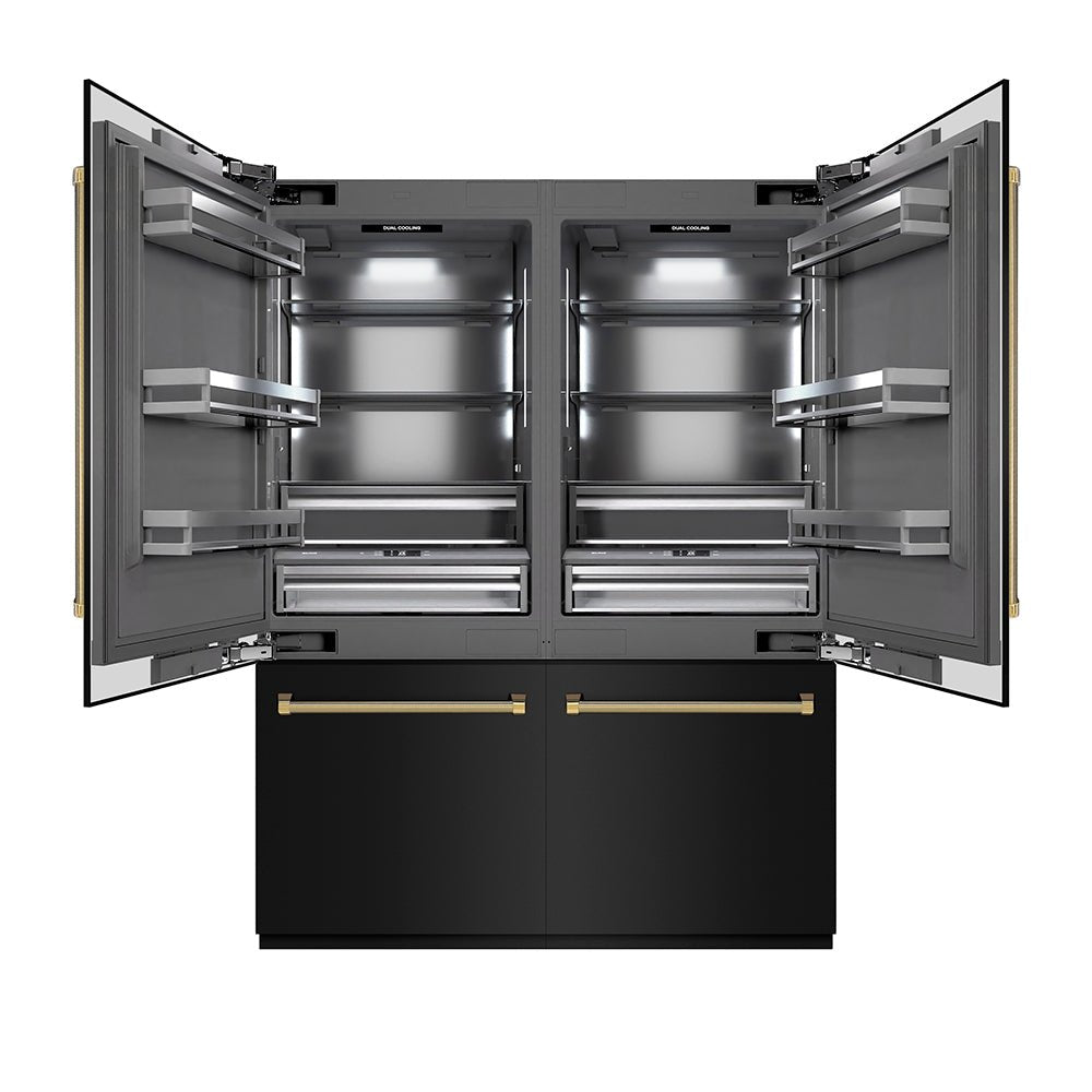 ZLINE Autograph Edition 60 in. 32.2 cu. ft. French Door Built-In Bottom Freezer Refrigerator with Water Dispenser and Ice Maker in Black Stainless Steel with Graphite Gray Interior and Polished Gold Helix Handles (GRBIVZ-BS60KG)