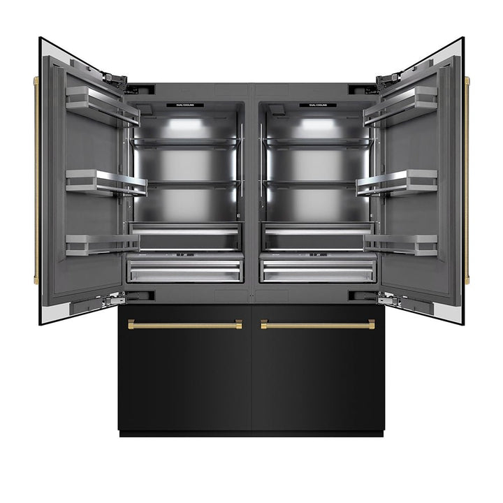 ZLINE Autograph Edition 60 in. 32.2 cu. ft. French Door Built-In Bottom Freezer Refrigerator with Water Dispenser and Ice Maker in Black Stainless Steel with Graphite Gray Interior and Polished Gold Helix Handles (GRBIVZ-BS60KG)