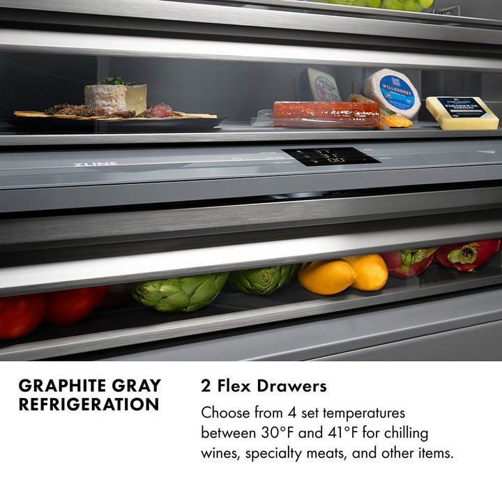 ZLINE Autograph Edition 60 in. 32.2 cu. ft. French Door Built-In Bottom Freezer Refrigerator with Water Dispenser and Ice Maker in Black Stainless Steel with Graphite Gray Interior and Polished Gold Helix Handles (GRBIVZ-BS60KG)