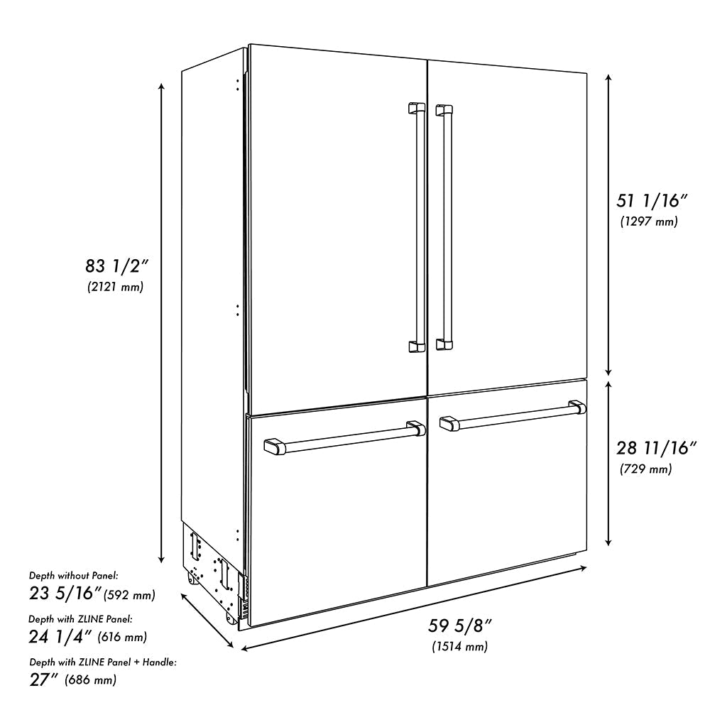 ZLINE Autograph Edition 60 in. 32.2 cu. ft. French Door Built-In Bottom Freezer Refrigerator with Water Dispenser and Ice Maker in Black Stainless Steel with Graphite Gray Interior and Polished Gold Helix Handles (GRBIVZ-BS60KG)