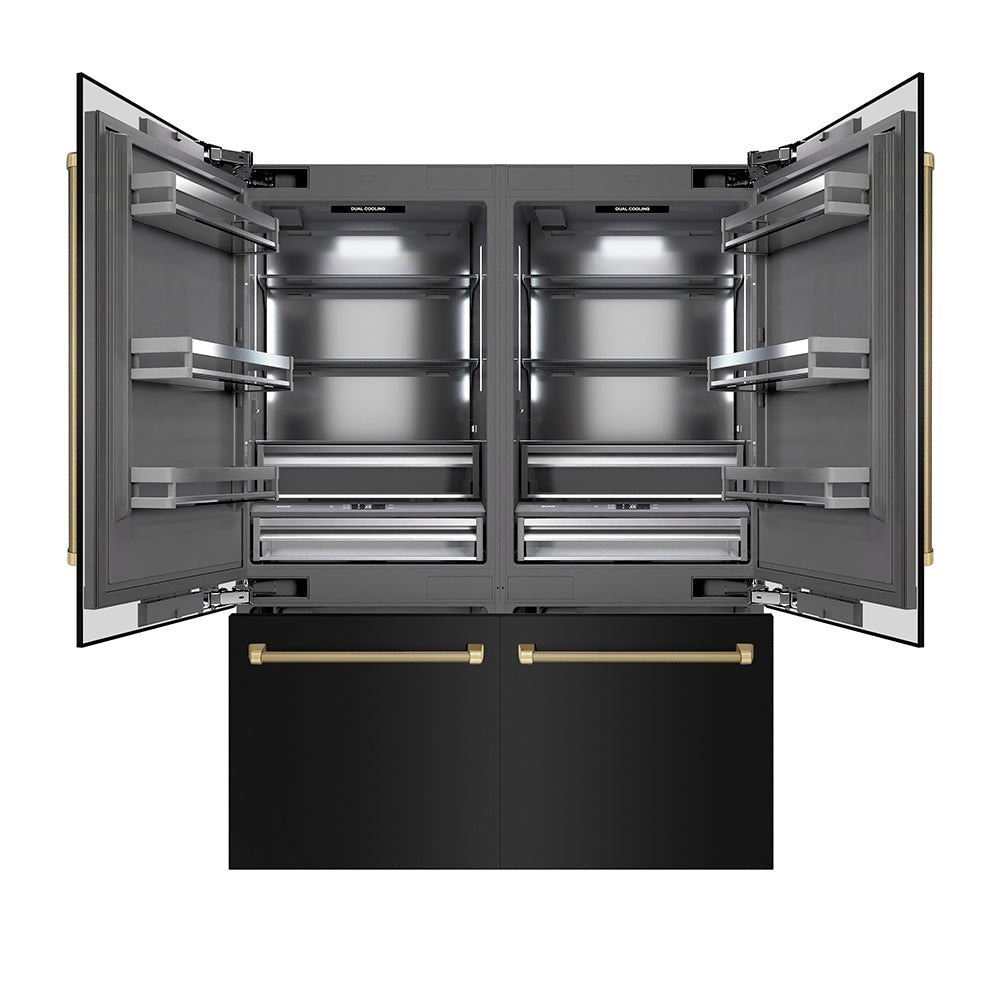 ZLINE Autograph Edition 60 in. 32.2 cu. ft. French Door Built-In Bottom Freezer Refrigerator with Water Dispenser and Ice Maker in Black Stainless Steel with Graphite Gray Interior and Champagne Bronze Helix Handles (GRBIVZ-BS60KCB)