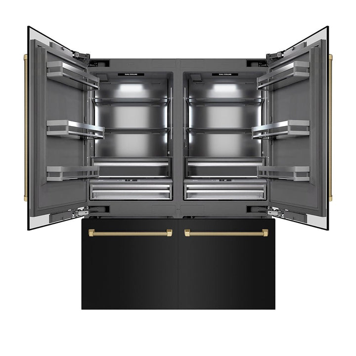 ZLINE Autograph Edition 60 in. 32.2 cu. ft. French Door Built-In Bottom Freezer Refrigerator with Water Dispenser and Ice Maker in Black Stainless Steel with Graphite Gray Interior and Champagne Bronze Helix Handles (GRBIVZ-BS60KCB)