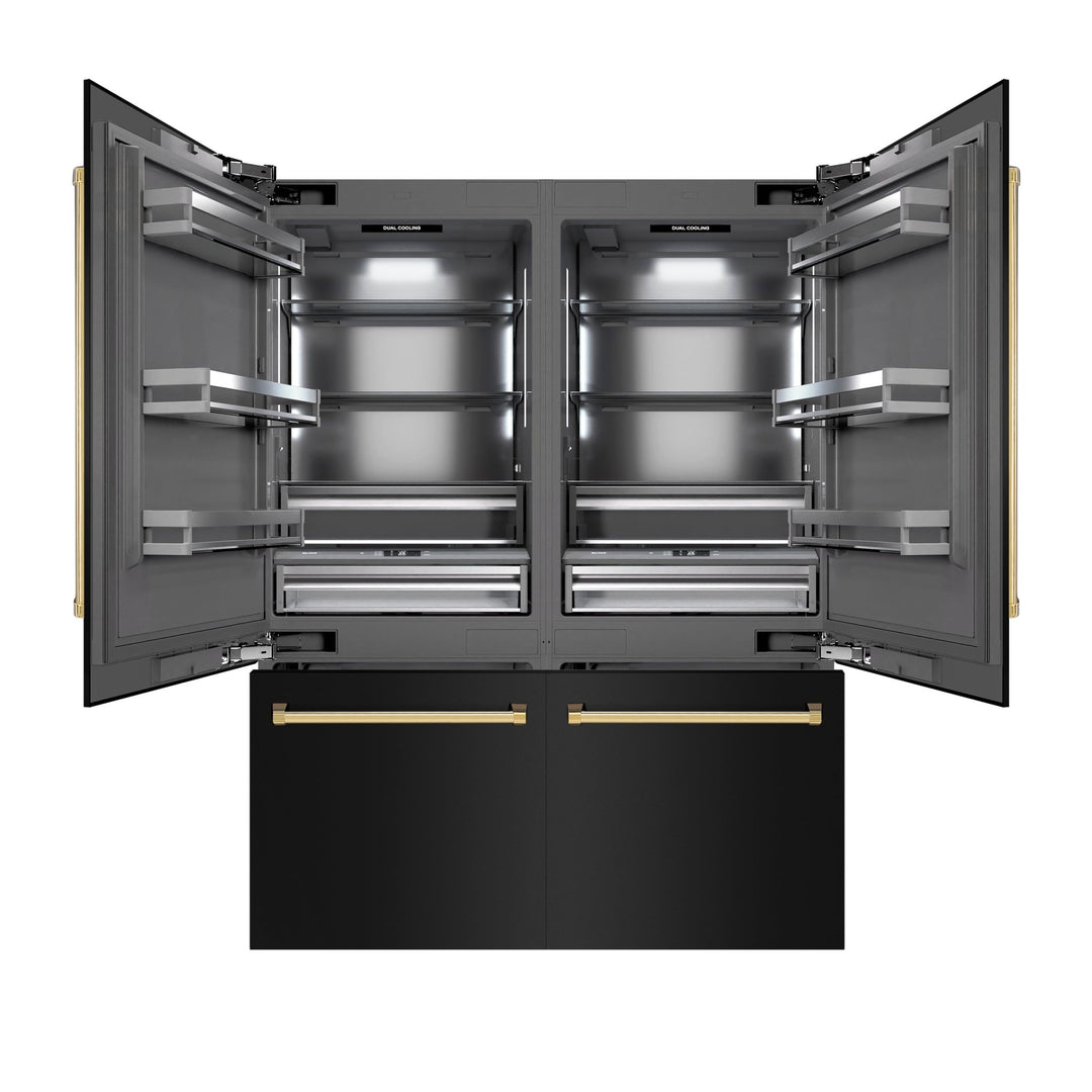 ZLINE Autograph Edition 60 in. 32.2 cu. ft. French Door Built-In Bottom Freezer Refrigerator with Water Dispenser and Ice Maker in Black Stainless Steel with Graphite Gray Interior and Polished Gold Accents (GRBIVZ-BS-60-G)