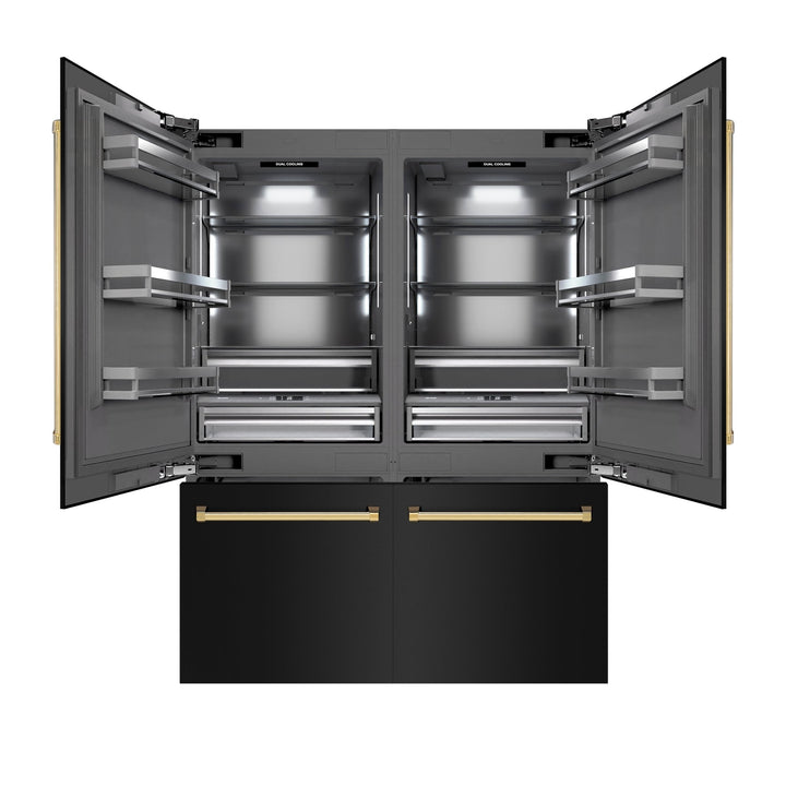 ZLINE Autograph Edition 60 in. 32.2 cu. ft. French Door Built-In Bottom Freezer Refrigerator with Water Dispenser and Ice Maker in Black Stainless Steel with Graphite Gray Interior and Polished Gold Accents (GRBIVZ-BS-60-G)