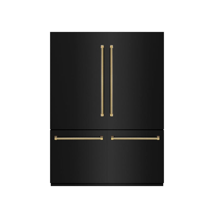 ZLINE Autograph Edition 60 in. 32.2 cu. ft. French Door Built-In Bottom Freezer Refrigerator with Water Dispenser and Ice Maker in Black Stainless Steel with Graphite Gray Interior and Polished Gold Helix Handles (GRBIVZ-BS60KG)