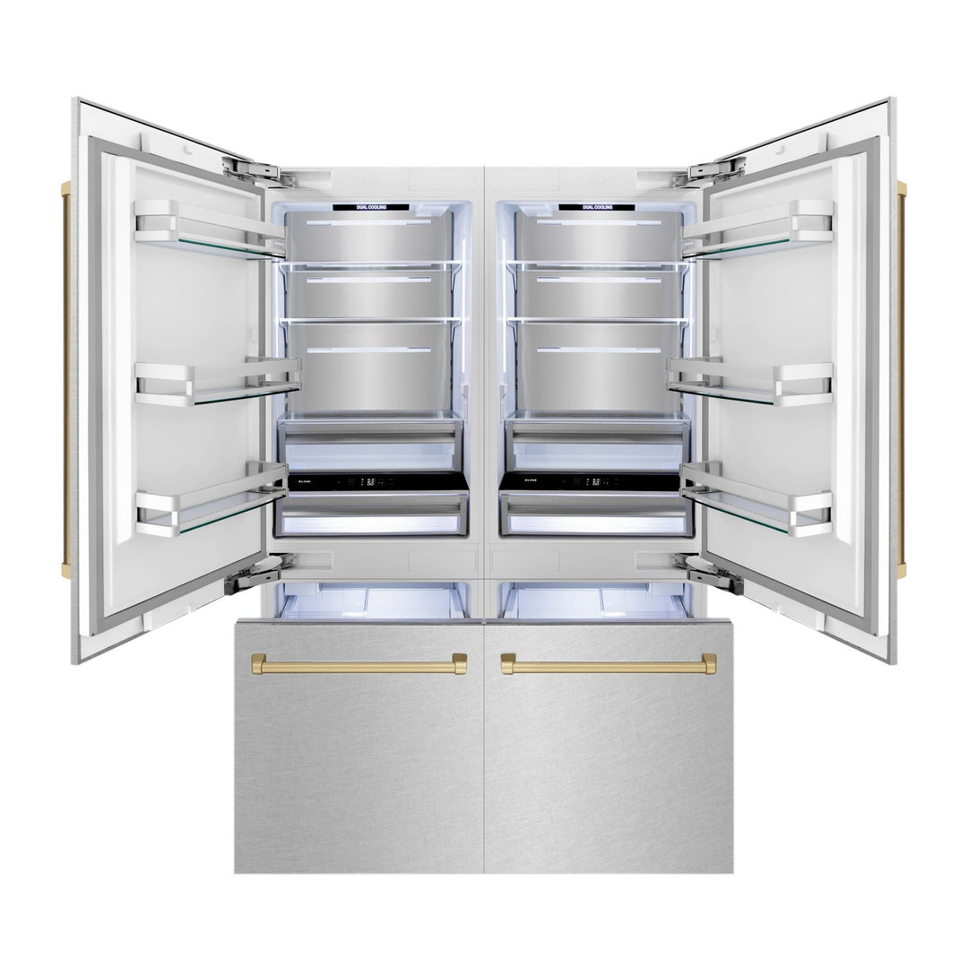 ZLINE Autograph Edition 60 in. 32.2 cu. ft. French Door Built-In Bottom Freezer Refrigerator with Water Dispenser and Ice Maker in Satin Stainless Steel with Champagne Bronze Accents (RBIVZ-SN-60-CB)