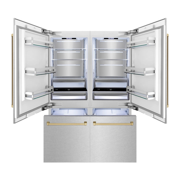 ZLINE Autograph Edition 60 in. 32.2 cu. ft. French Door Built-In Bottom Freezer Refrigerator with Water Dispenser and Ice Maker in Satin Stainless Steel with Champagne Bronze Accents (RBIVZ-SN-60-CB)