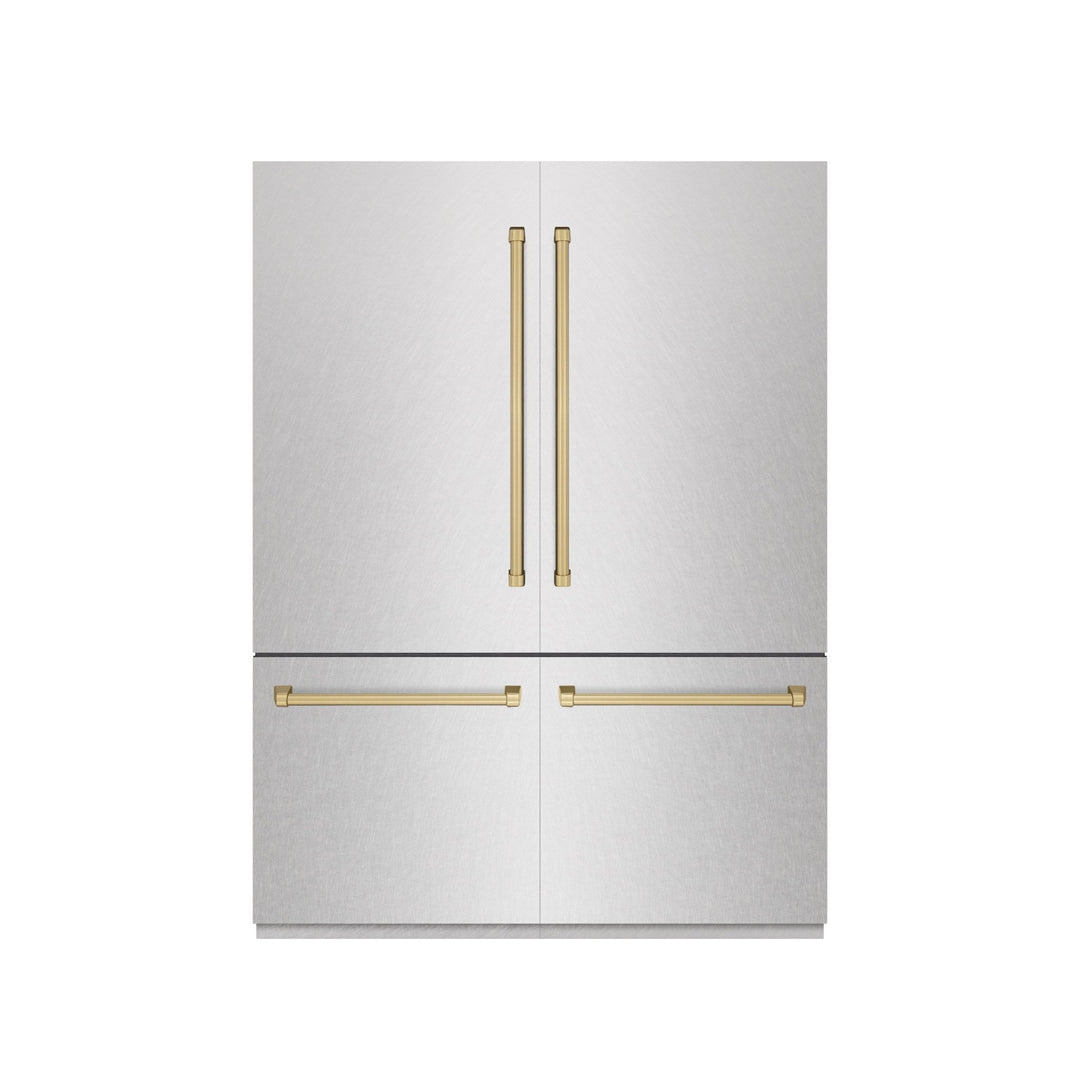ZLINE Autograph Edition 60 in. 32.2 cu. ft. French Door Built-In Bottom Freezer Refrigerator with Water Dispenser and Ice Maker in Satin Stainless Steel with Graphite Gray Interior and Champagne Bronze Accents (GRBIVZ-SN-60-CB)