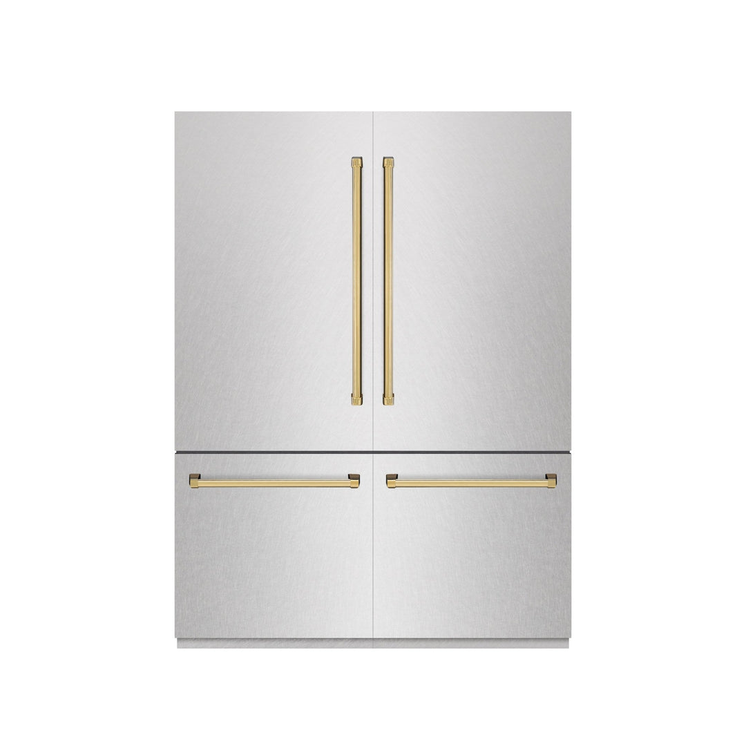 ZLINE Autograph Edition 60 in. 32.2 cu. ft. French Door Built-In Bottom Freezer Refrigerator with Water Dispenser and Ice Maker in Satin Stainless Steel with Graphite Gray Interior and Polished Gold Accents (GRBIVZ-SN-60-G)